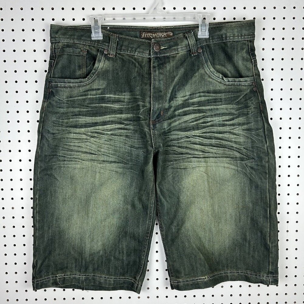 Jinzu Grunge Green Baggy Jean Shorts Sz 40‎ Jorts Wide Leg Skate Y2K Punk Goth